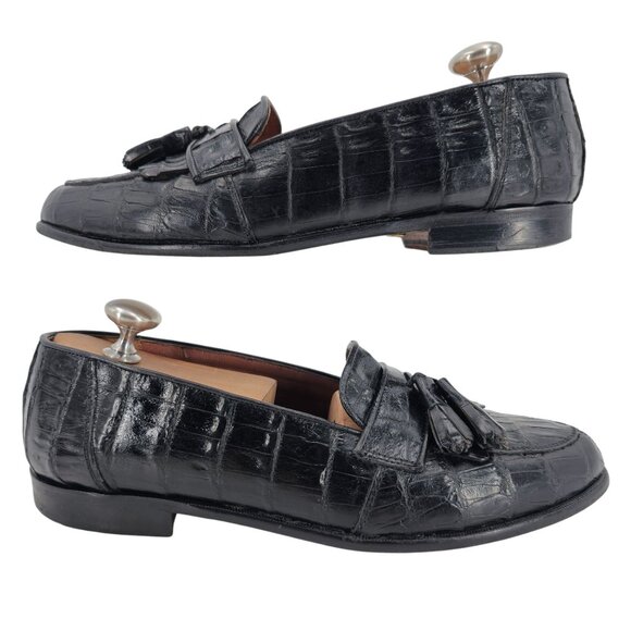 Vintage Belvedere Exotic Full Crocodile Black Dress Shoes Men 8.5 Tassel Loafer - Picture 4 of 12